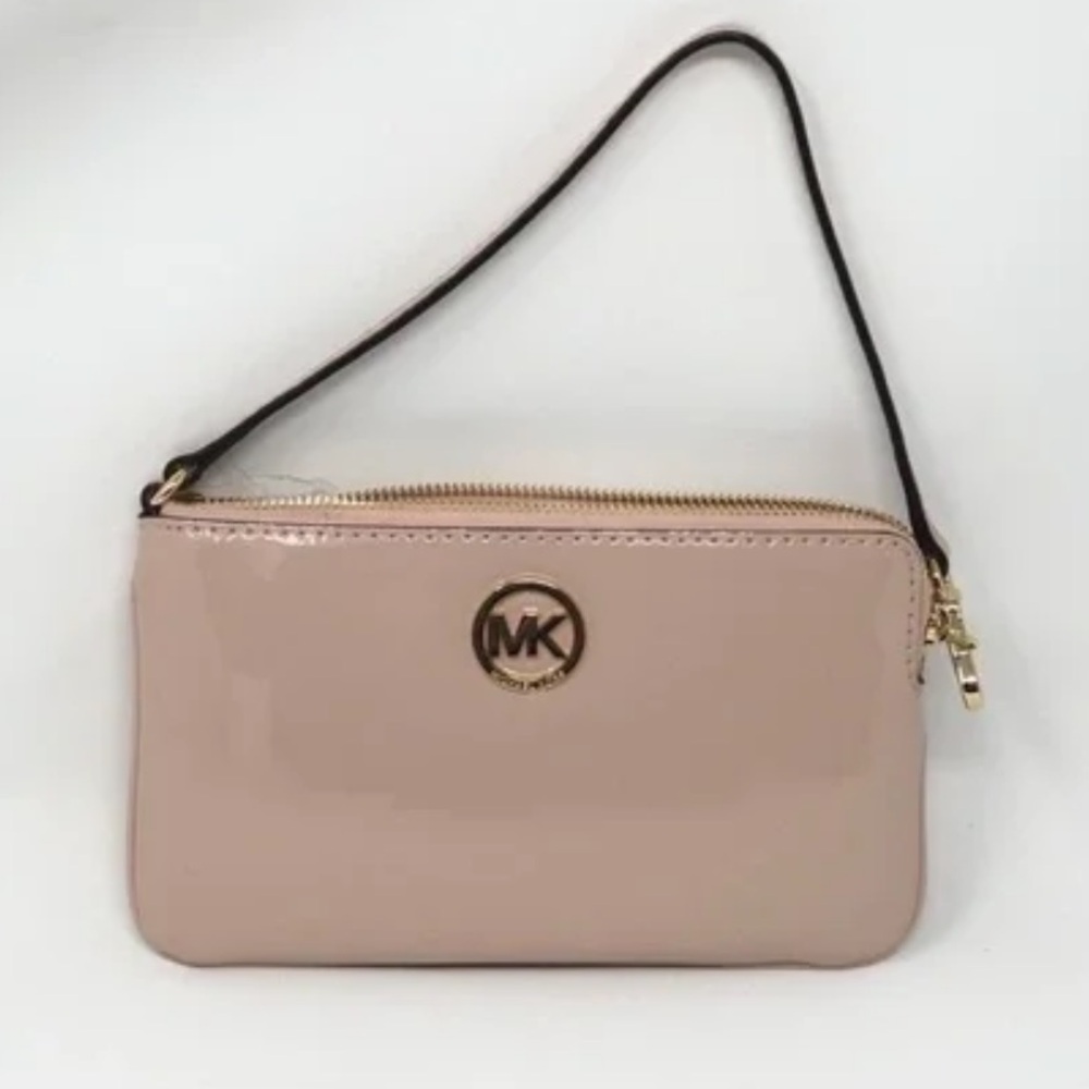 MICHAEL Michael Kors Pale Pink Wristlet Golden Metal Hardware Patent Leather